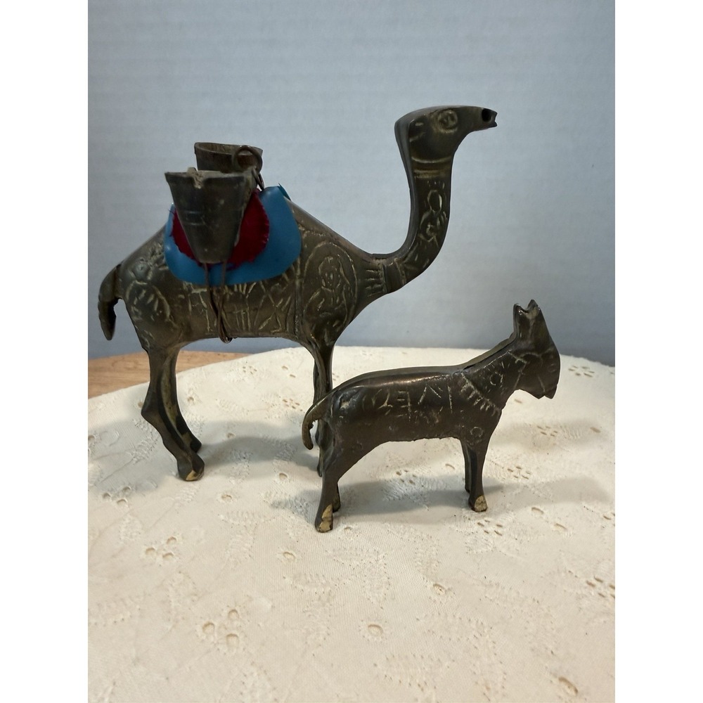 Vintage Brass Camel & Donkey Figurines Etched Middle Eastern Decor Set